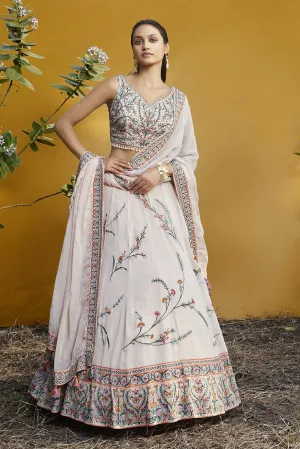 310064 White Embroidered Georgette Lehenga with Dupatta