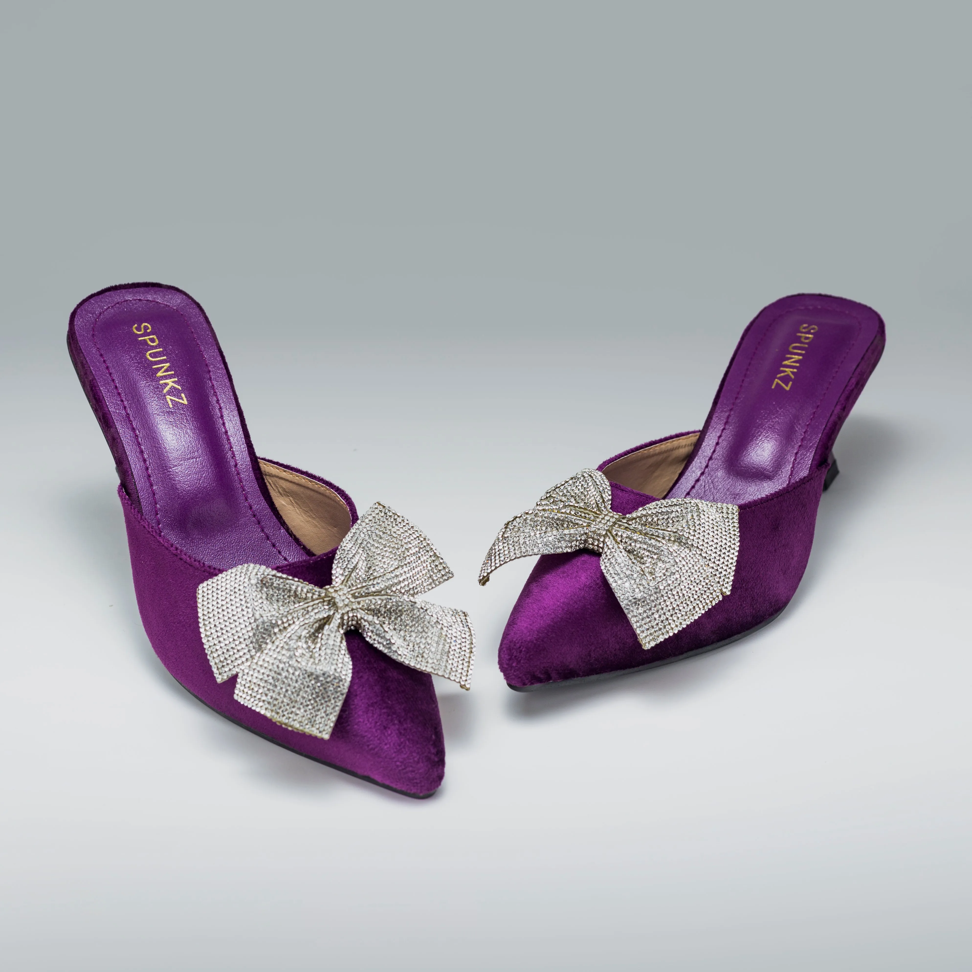 Emma Rhinestones Bow Purple Velvet Mules