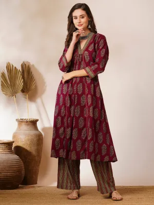 Ethnic Floral Printed A-Line Panelled Kurta with Palazzo - Burgundy