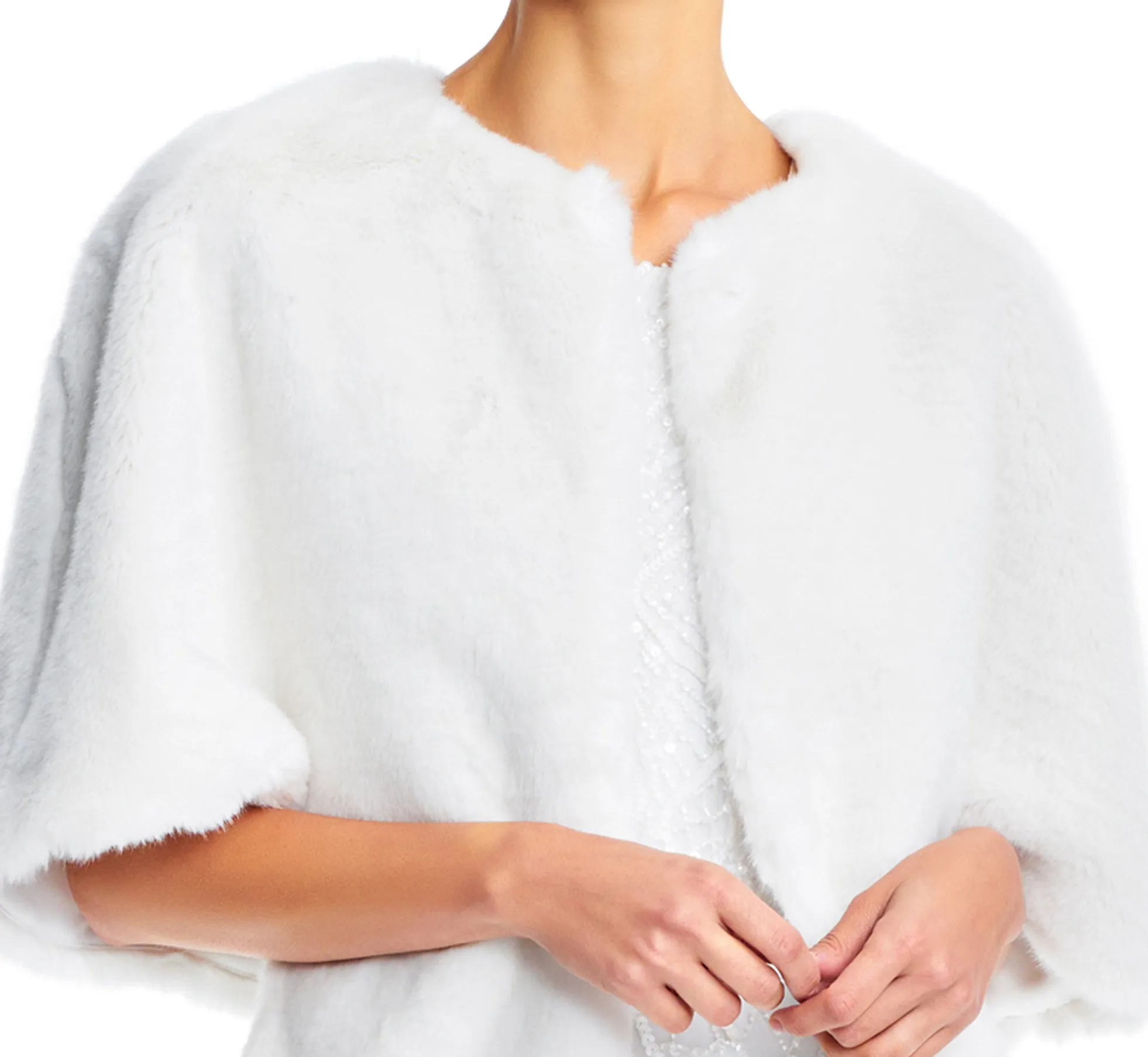 Faux Fur Open Front Cape Jacket In Ivory