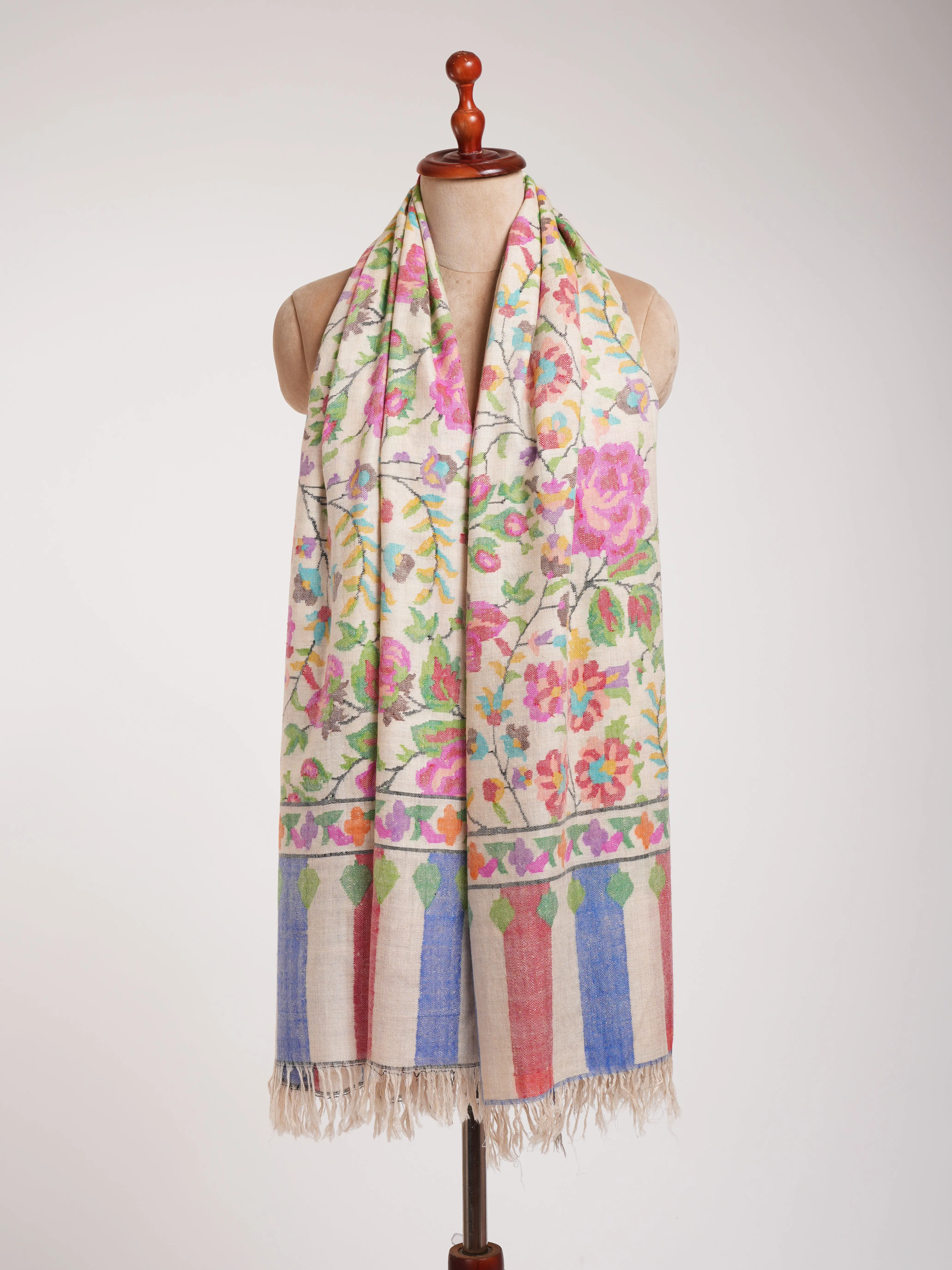 Floral Handwoven White Kani Pashmina Shawl