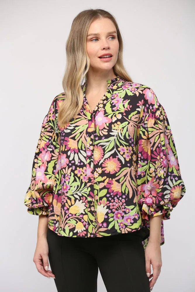 Floral Print Bubble Sleeve Blouse