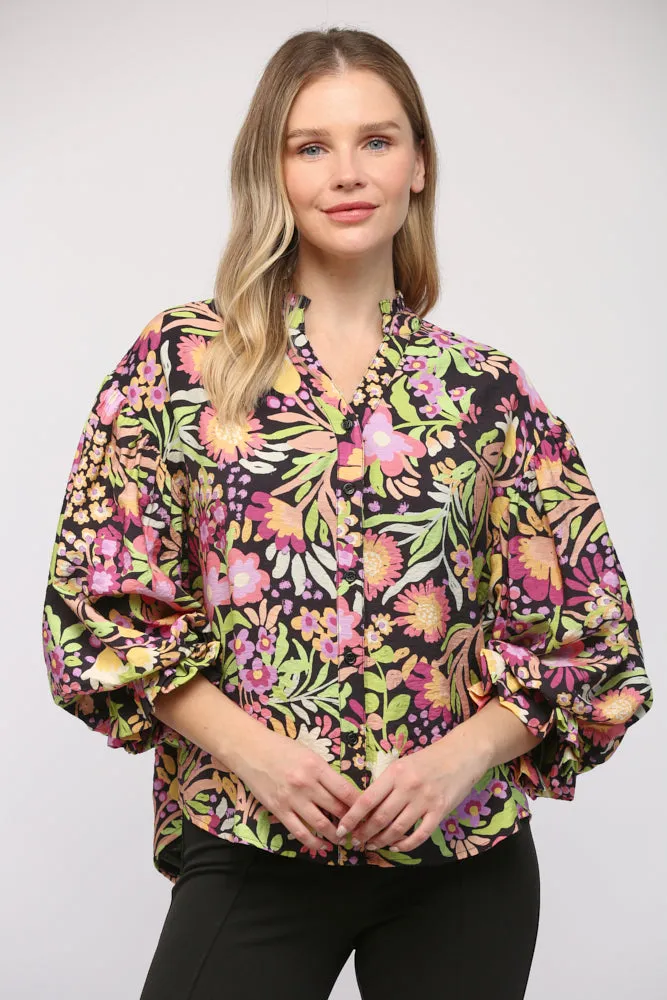 Floral Print Bubble Sleeve Blouse