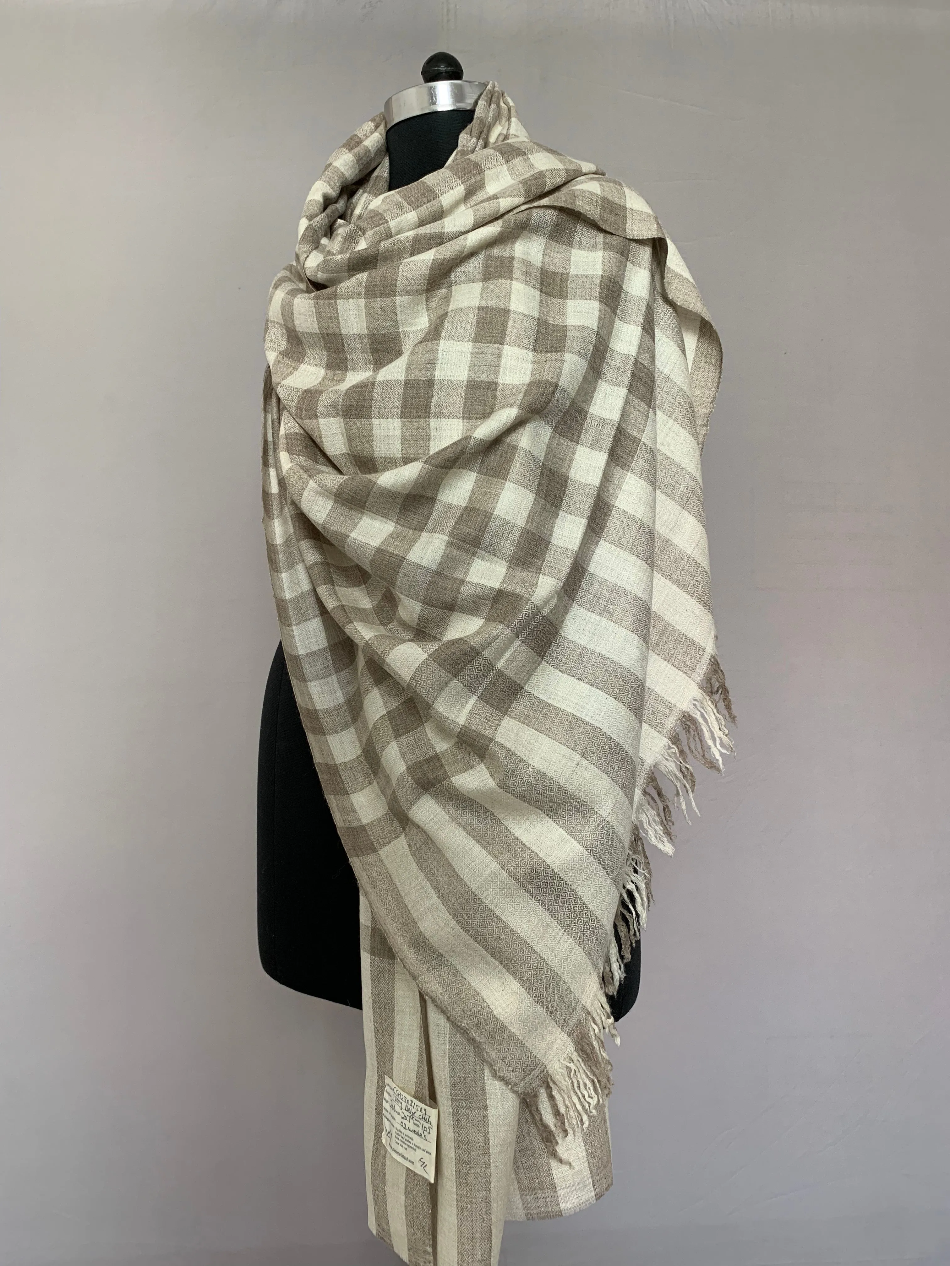 Giselle Gingham Ivory Beige Cashmere Shawl