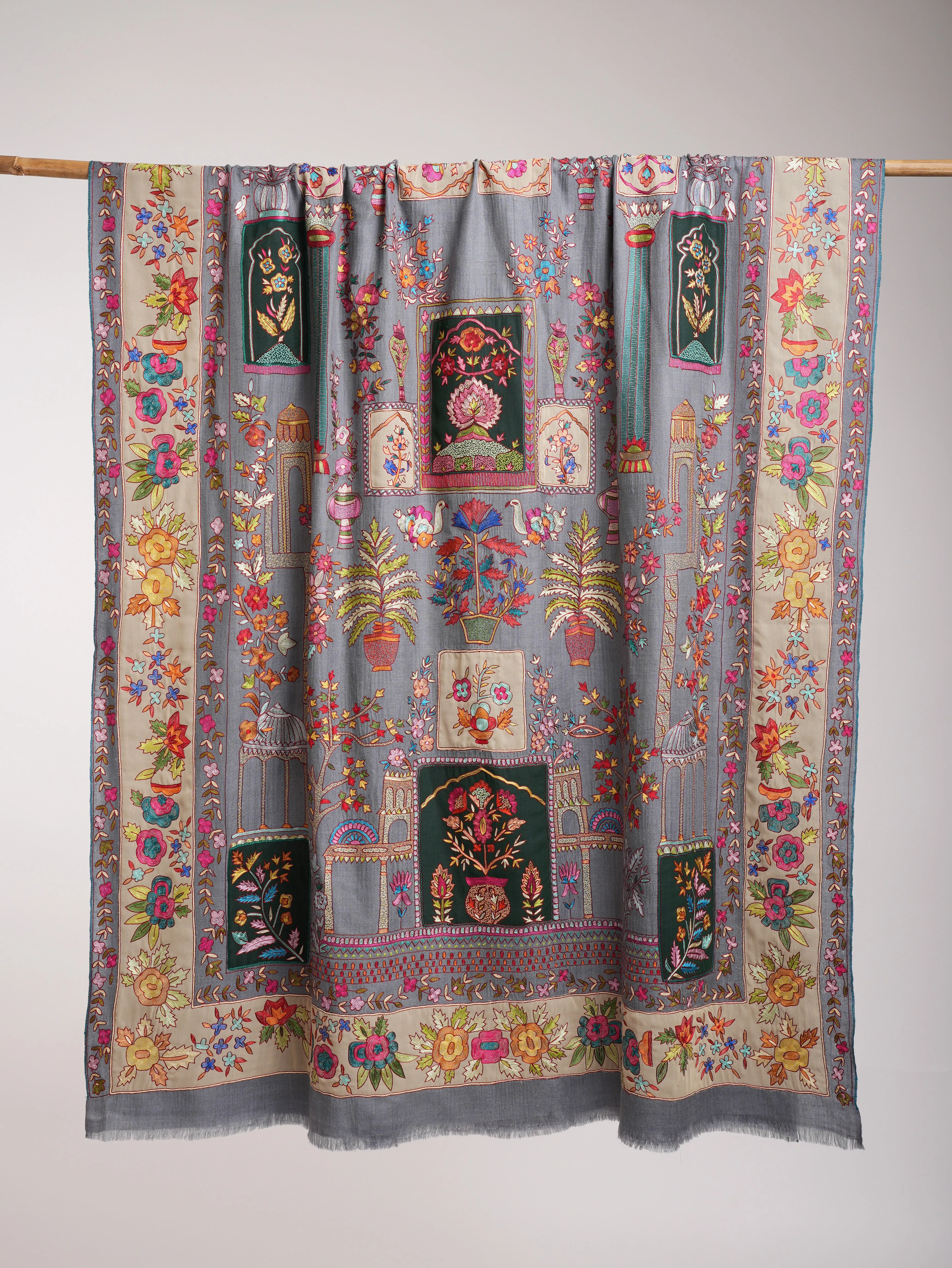 Gray Art Silk Embroidered Indian Pashmina Jamavar Shawl