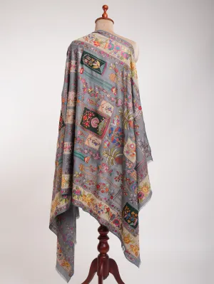 Gray Art Silk Embroidered Indian Pashmina Jamavar Shawl