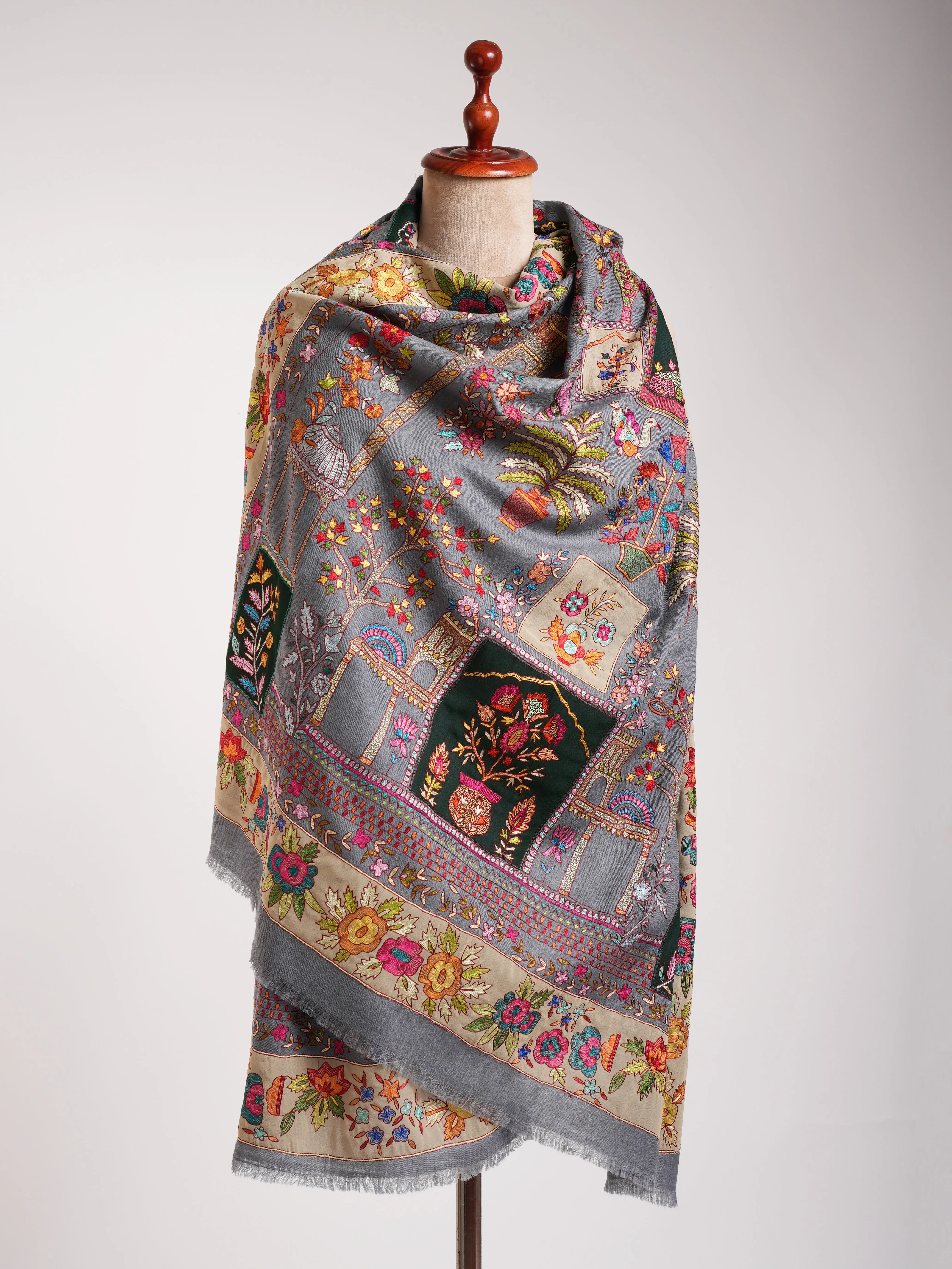 Gray Art Silk Embroidered Indian Pashmina Jamavar Shawl