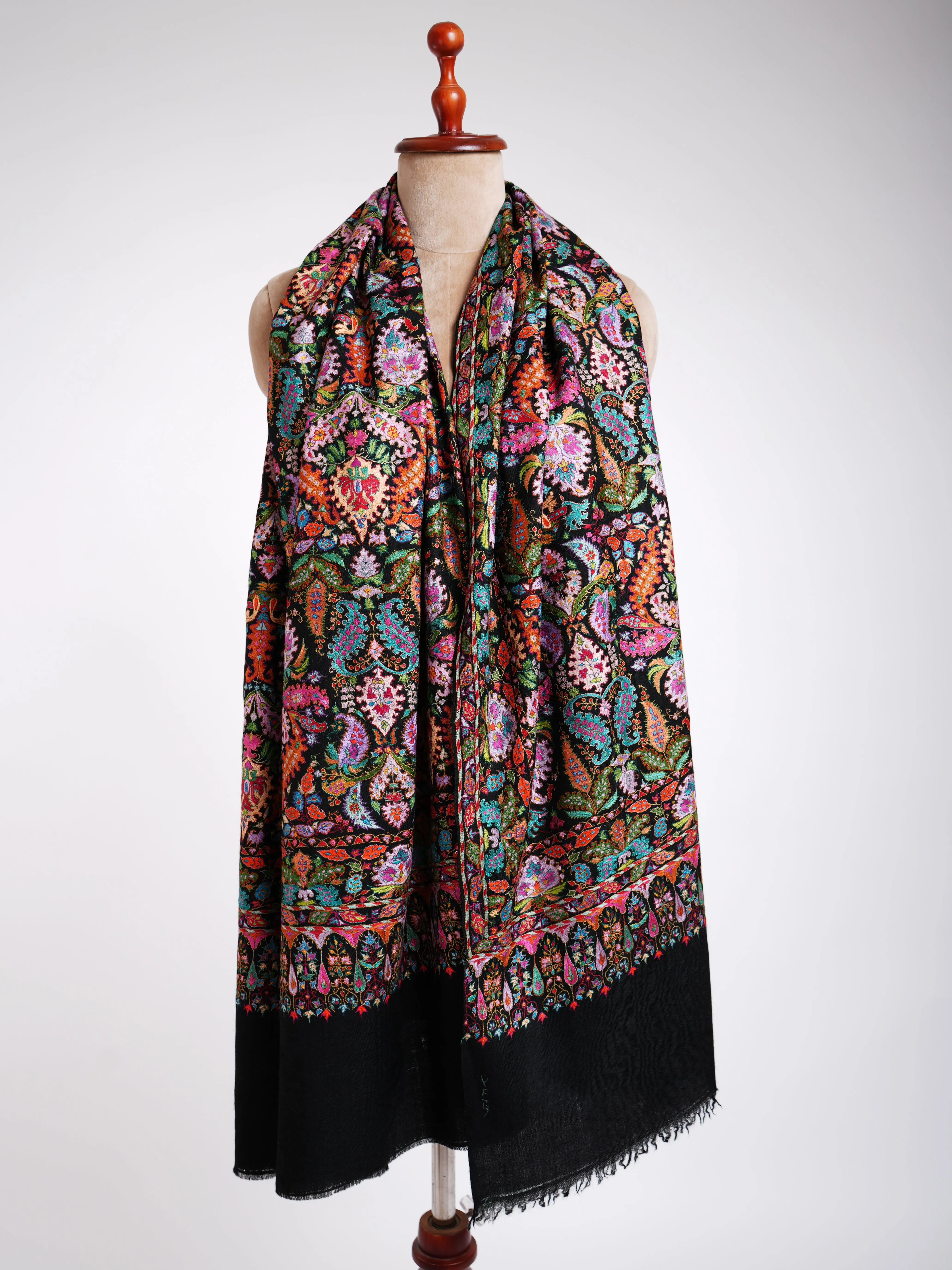 Hand Embroidery Jamavar Black Pashmina Shawl