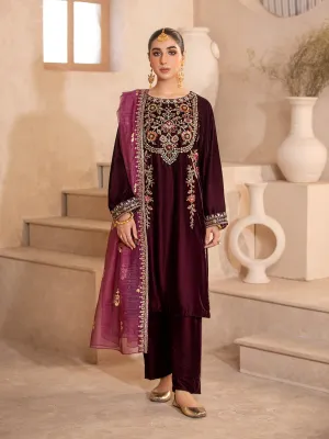 Heera's Magenta Embroidered Velvet 3-Piece Suit