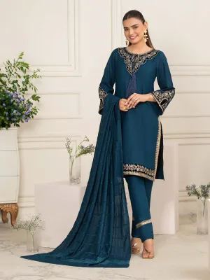 Heera's Teal Embroidered Linen Suit with Pashmina Shawl