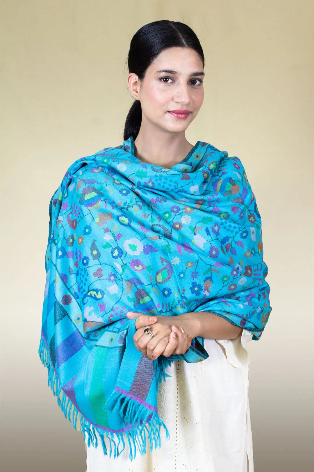 Khadija Vivid Sky Blue Floral Jamavar Pashmina Shawl