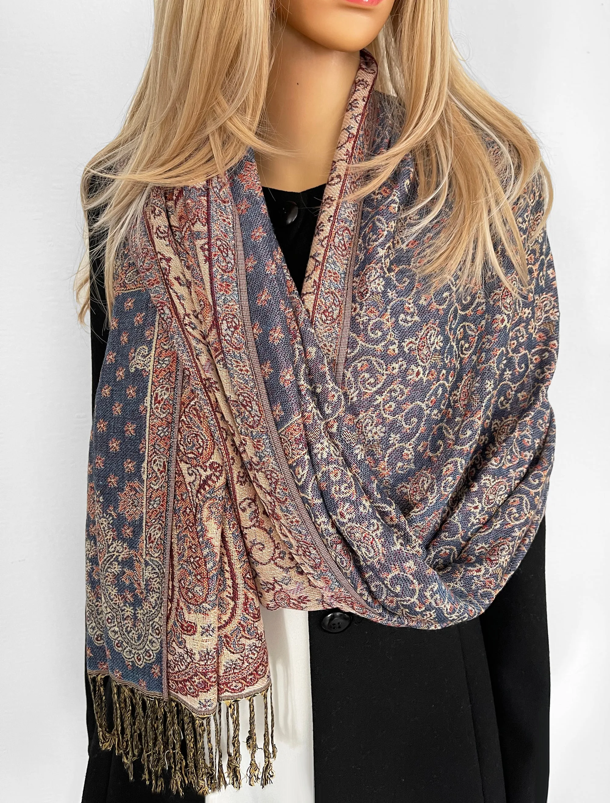 LARGE BLUE REVERSIBLE MULTI COLOUR PAISLEY PRINT PASHMINA SHAWL SCARF WRAP