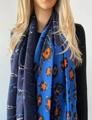 LARGE BLUE ZEBRA AND LEOPARD PRINT SHAWL SCARF