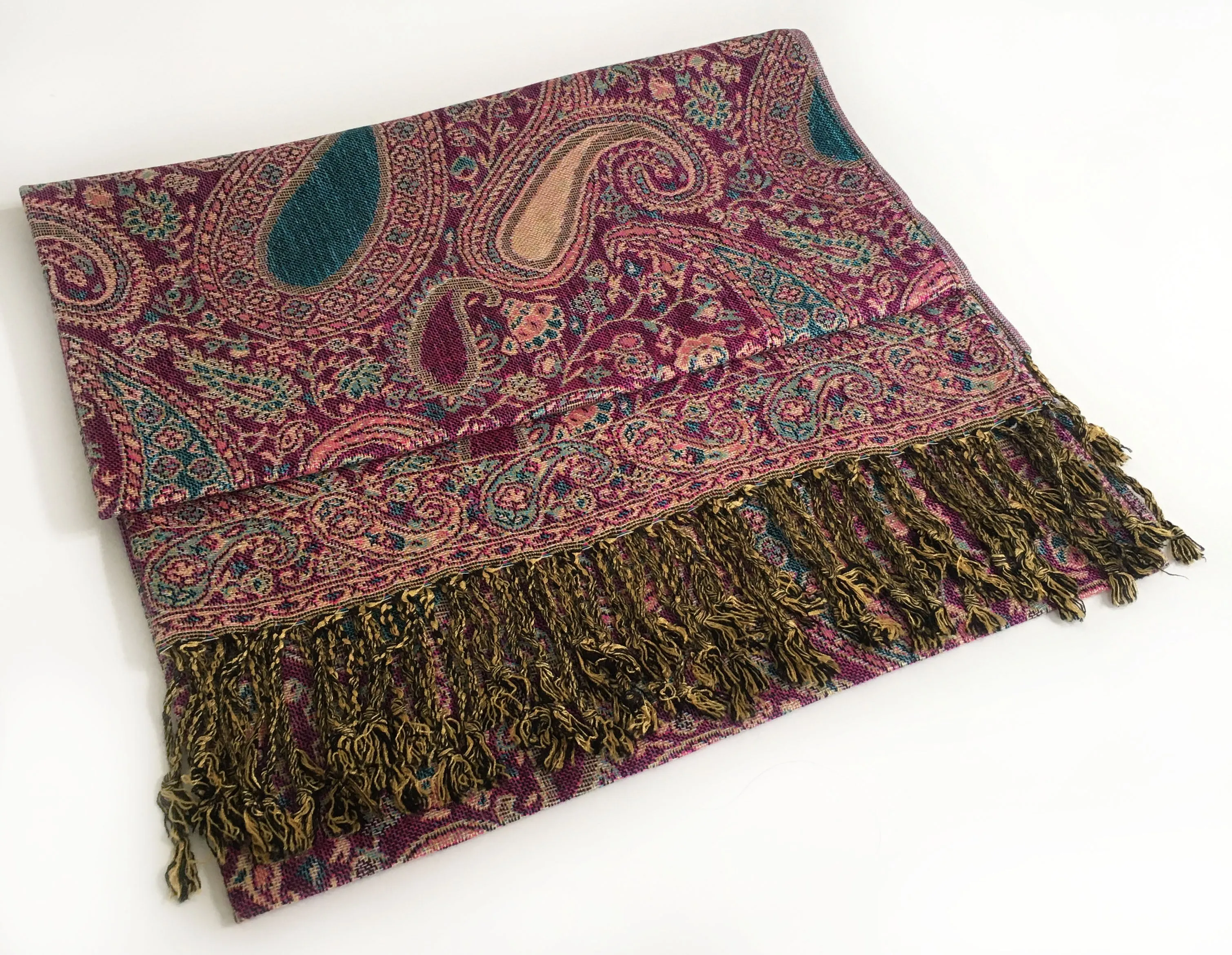 LARGE FUSCHIA PINK MULTI COLOUR PAISLEY PRINT PASHMINA SHAWL SCARF