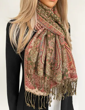 LARGE GREEN REVERSIBLE MULTI COLOUR PAISLEY PRINT PASHMINA SHAWL SCARF WRAP