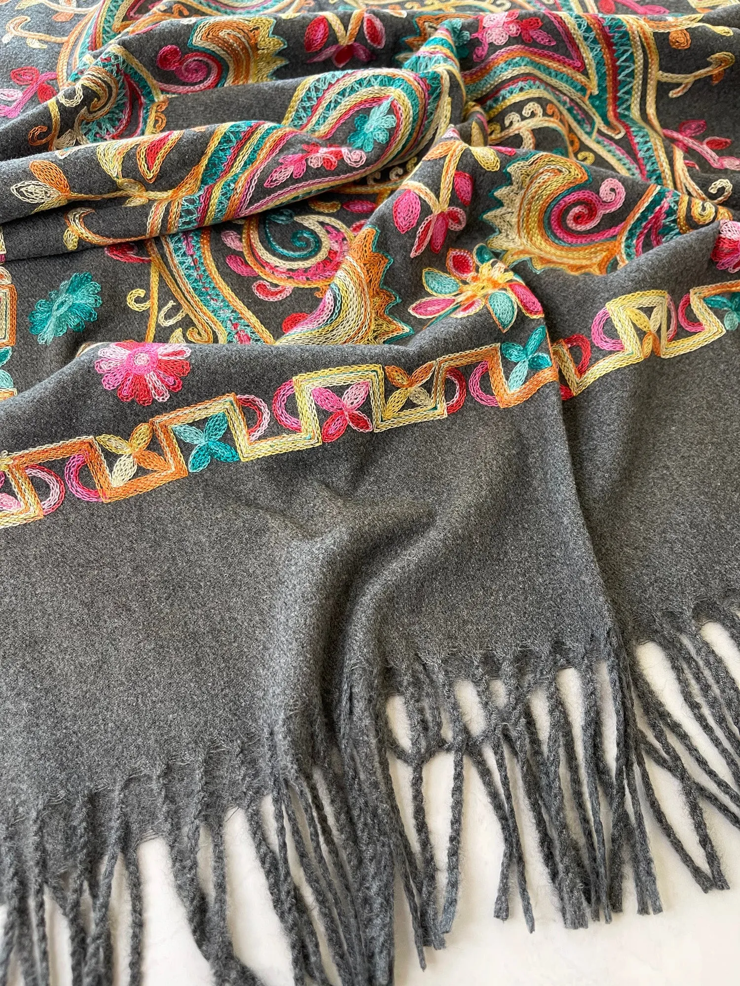 LARGE GREY COLOURFUL PAISLEY CASHMERE COTTON BLEND WINTER SHAWL BLANKET SCARF