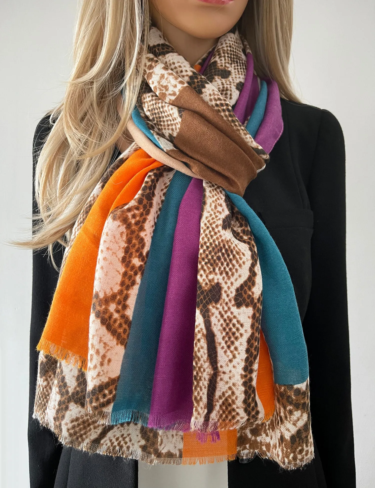 LARGE ORANGE BLOCK PRINT SNAKESKIN SHAWL SCARF