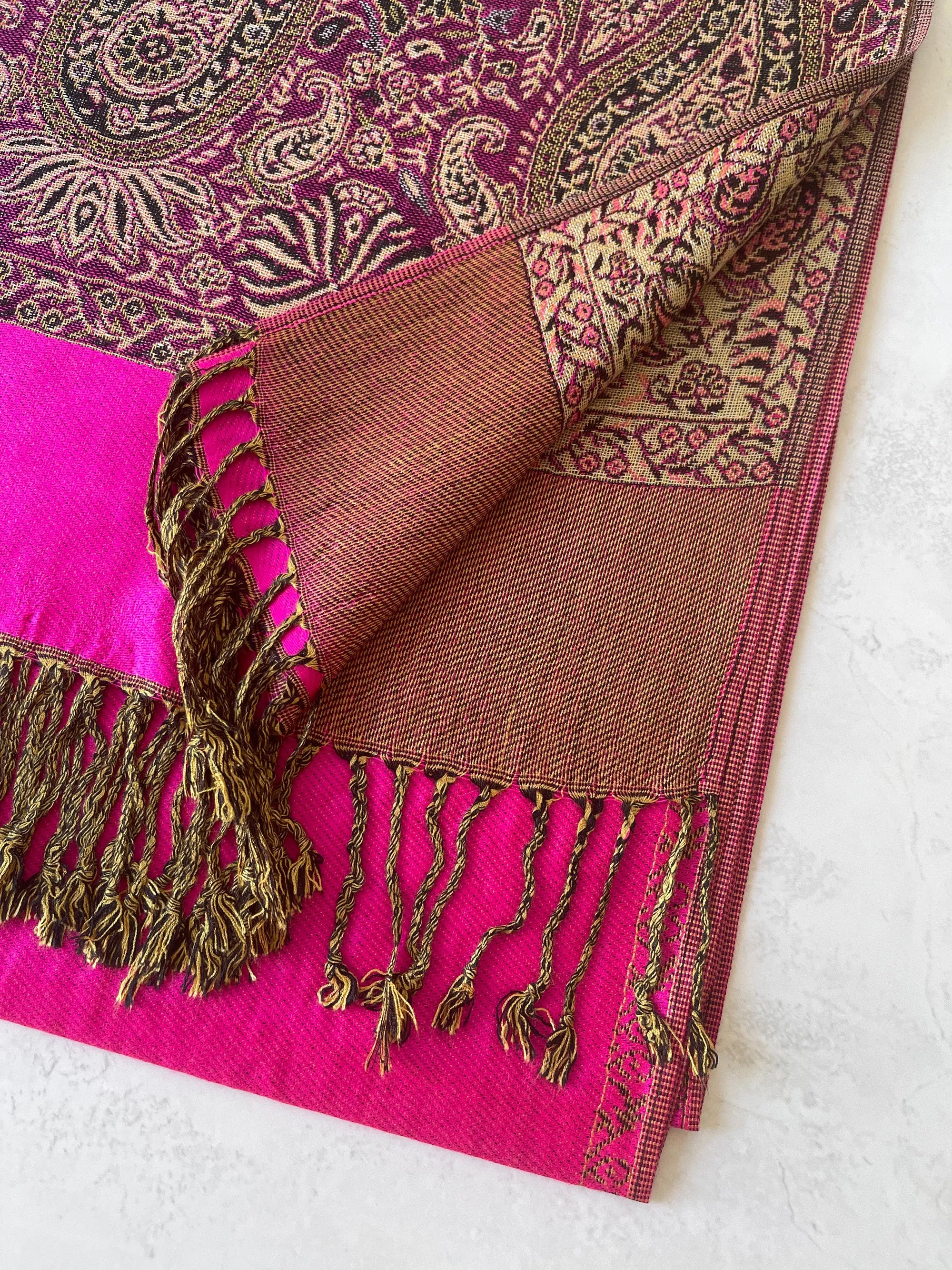 LARGE PLAIN FUCHSIA PINK REVERSIBLE MULTI COLOUR PAISLEY PRINT PASHMINA SHAWL SCARF WRAP