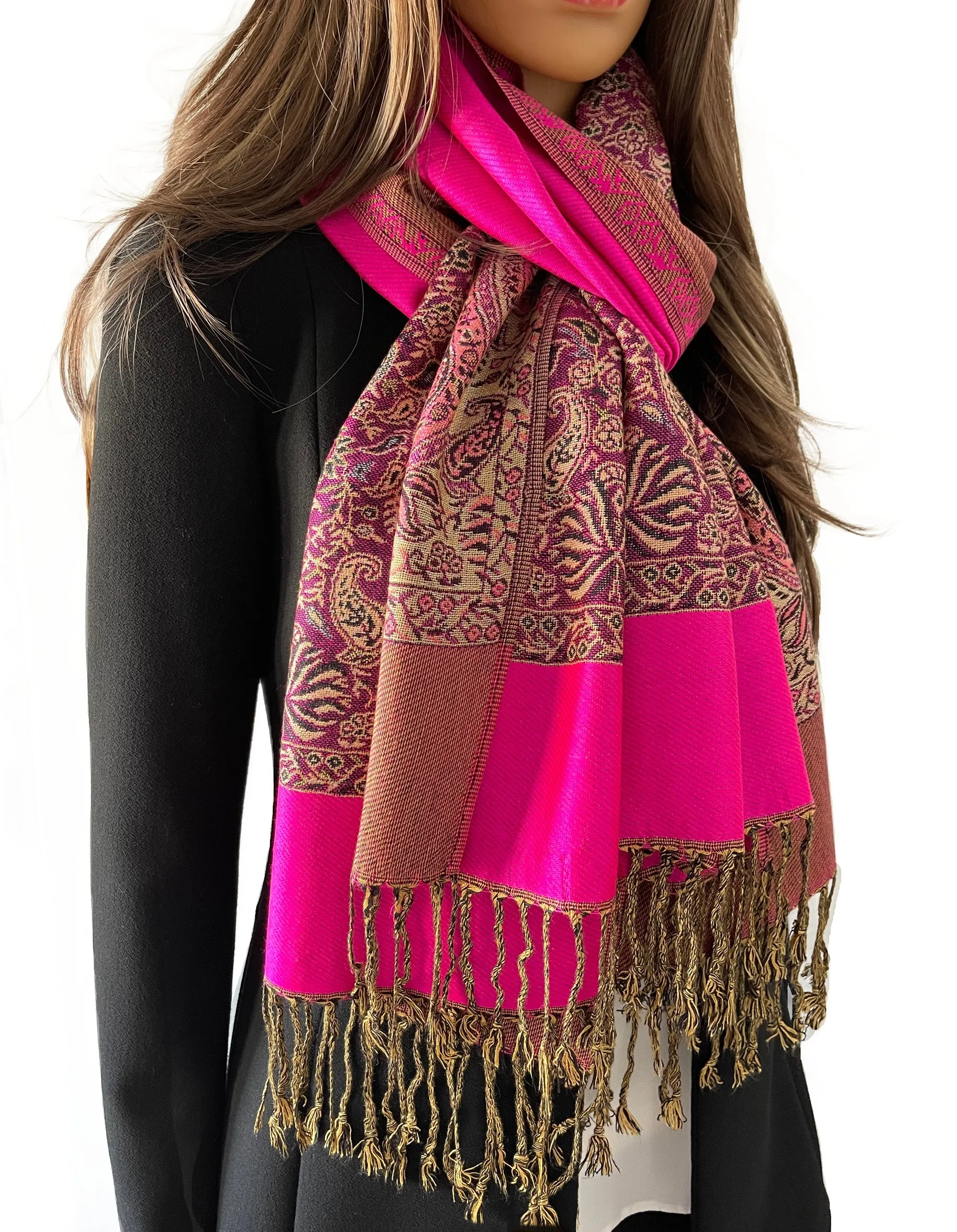 LARGE PLAIN FUCHSIA PINK REVERSIBLE MULTI COLOUR PAISLEY PRINT PASHMINA SHAWL SCARF WRAP