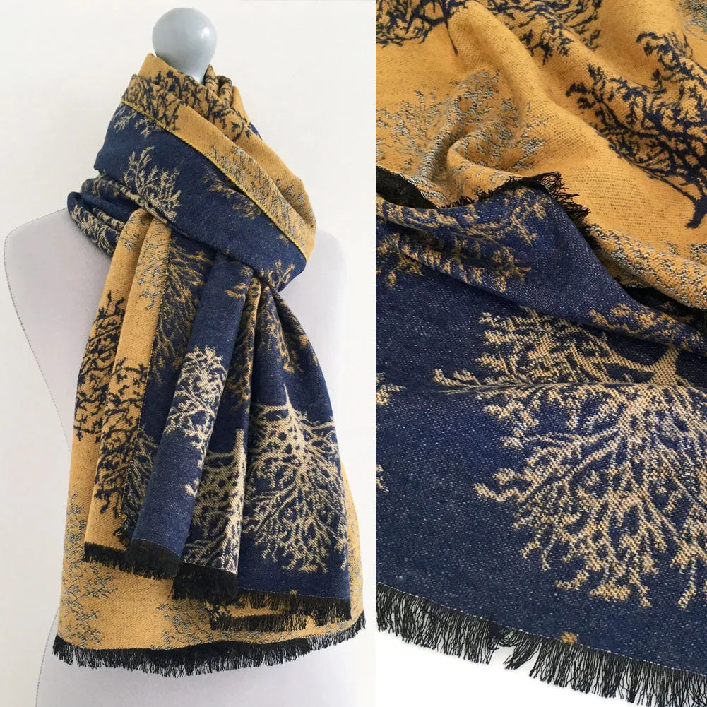 LARGE THICK NAVY MUSTARD TREE REVERSIBLE WINTER SHAWL BLANKET SCARF