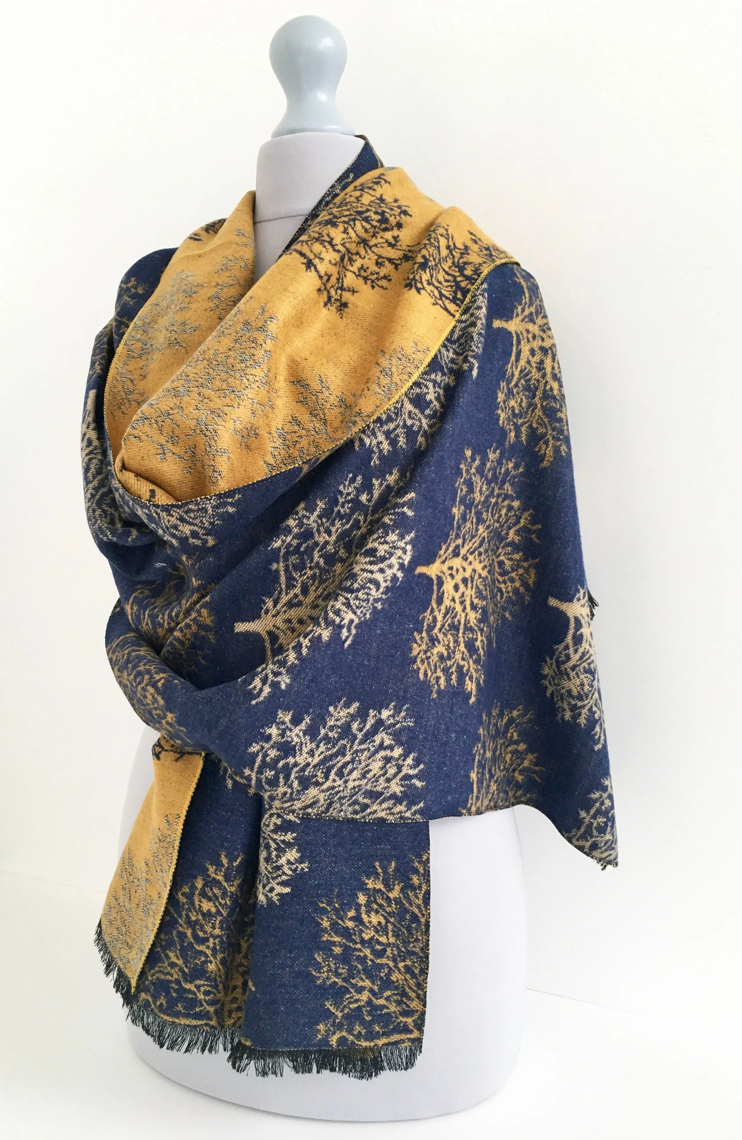 LARGE THICK NAVY MUSTARD TREE REVERSIBLE WINTER SHAWL BLANKET SCARF