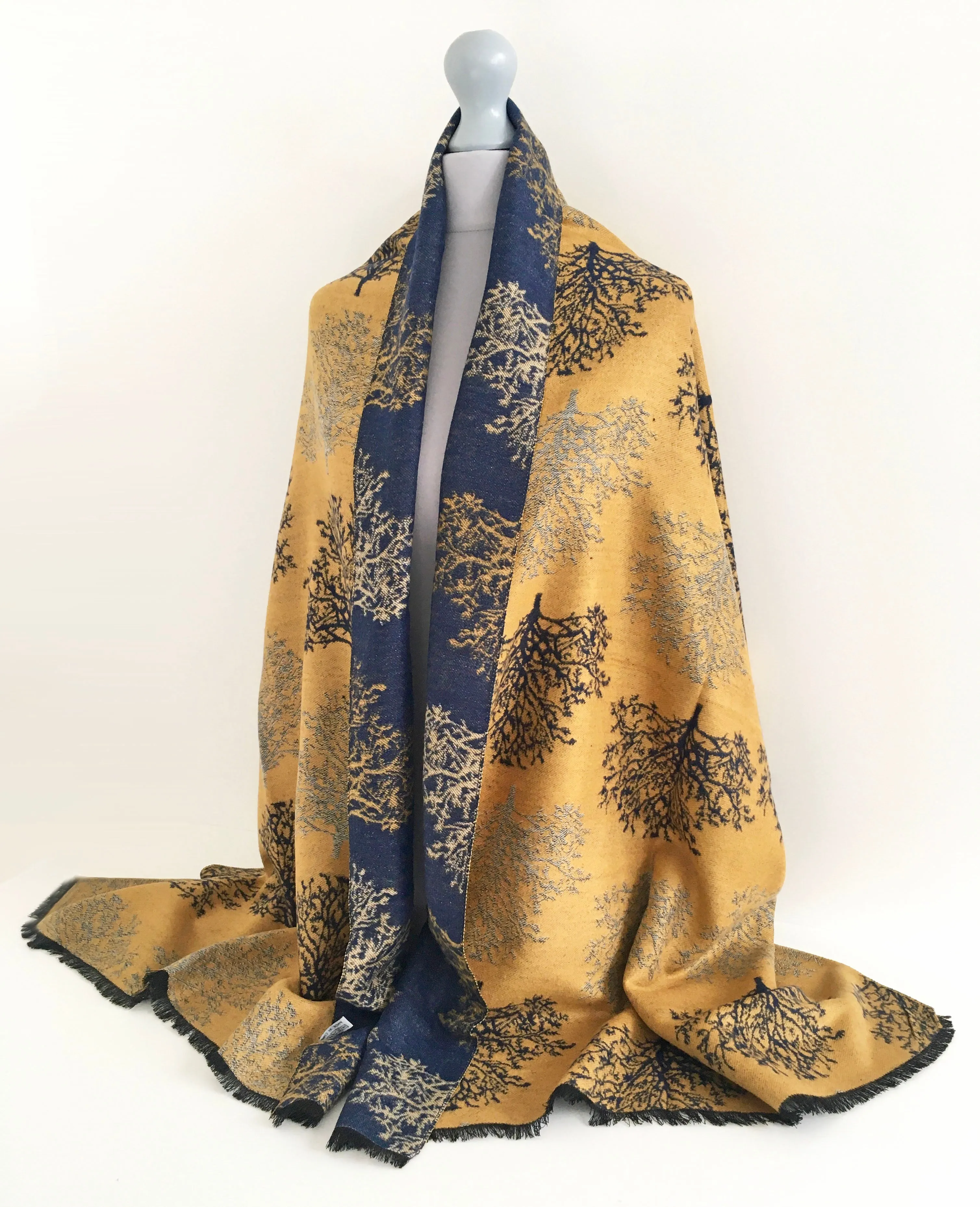 LARGE THICK NAVY MUSTARD TREE REVERSIBLE WINTER SHAWL BLANKET SCARF