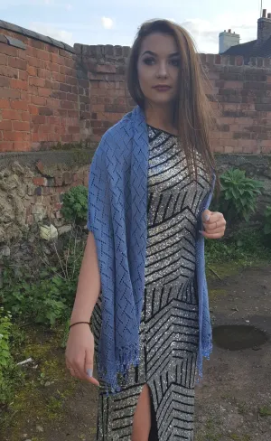 Light Denim Blue Pashmina, shawl with crochet and beaded detail