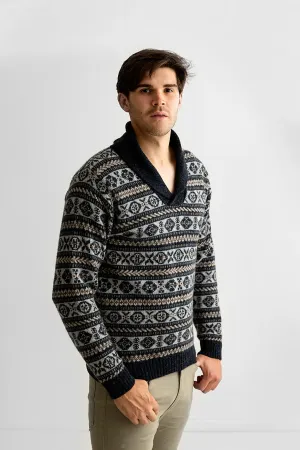 Mens Fair isle Lerwick Shawl Collar Jumper - Grey