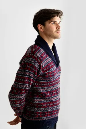 Mens Fair isle Lerwick Shawl Collar Jumper - Navy