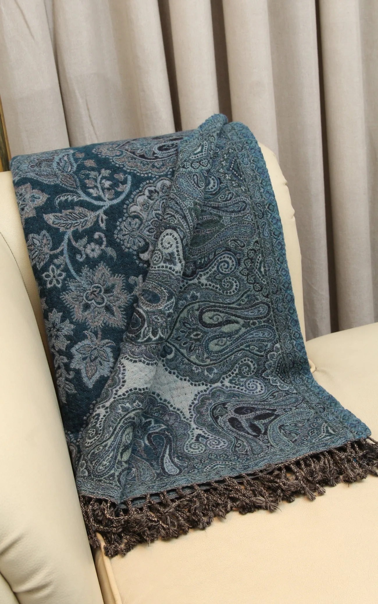 Oxford Blue Floral Boiled Wool Blanket-BW124