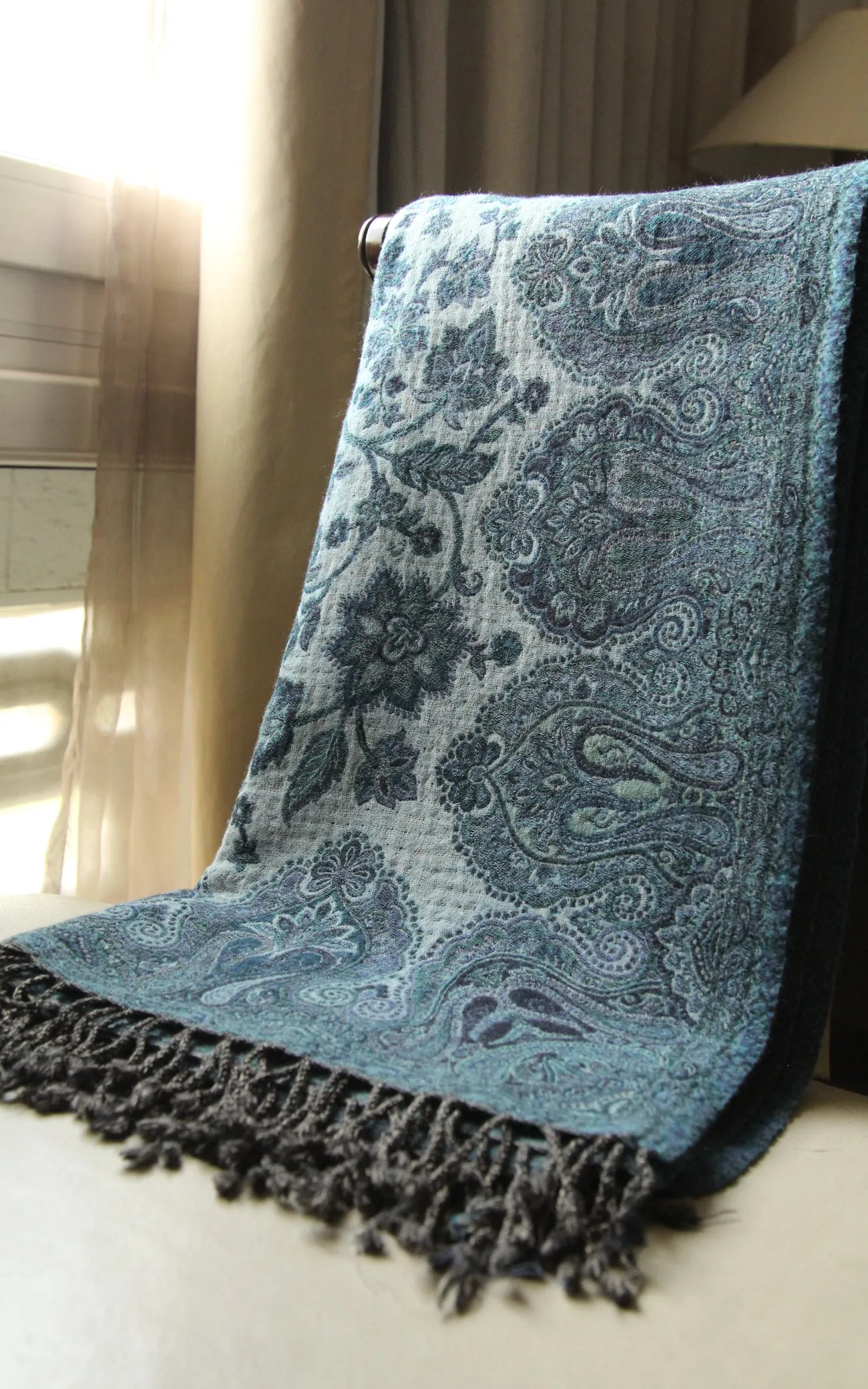 Oxford Blue Floral Boiled Wool Blanket-BW124