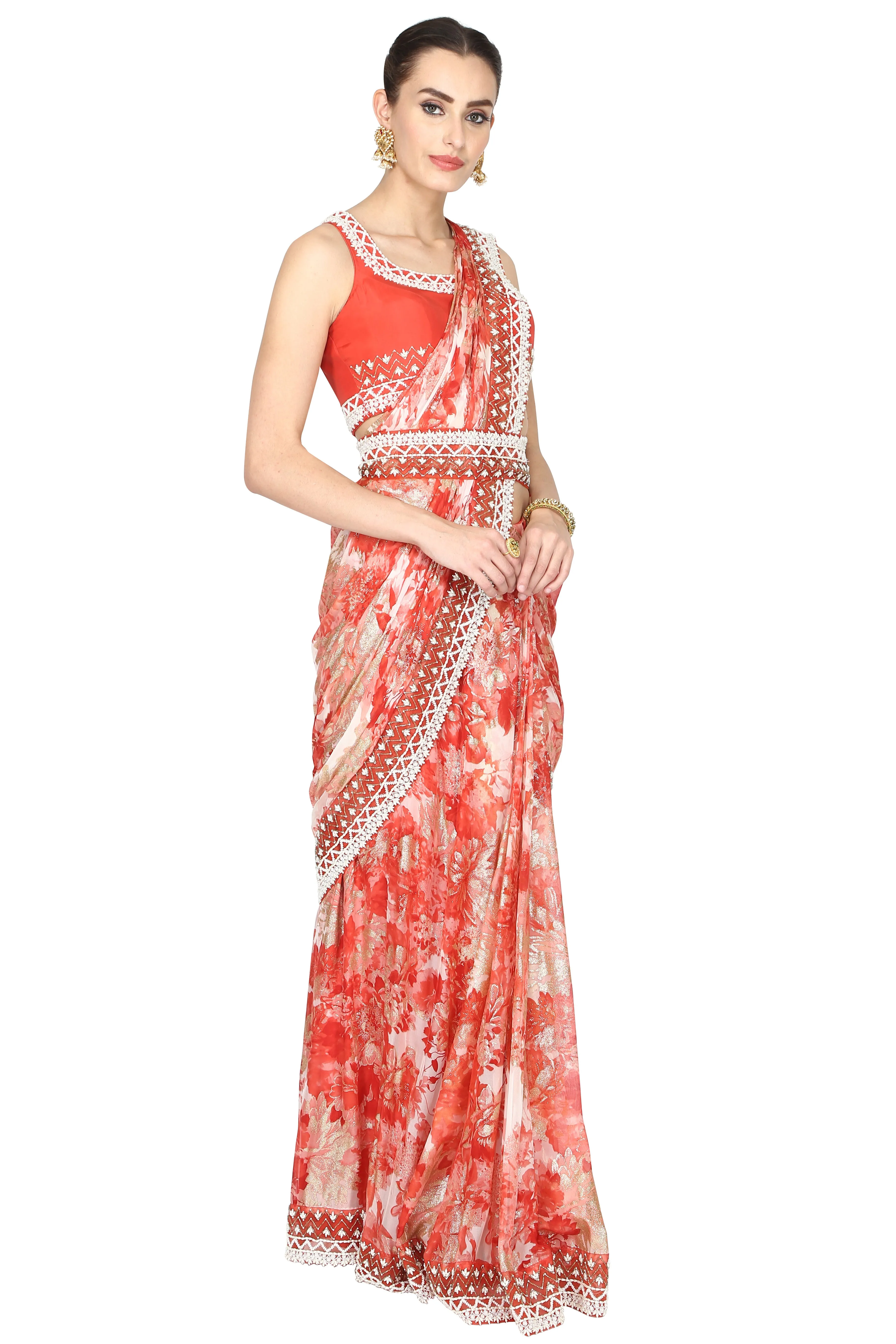 Red and pink pre-drape saree