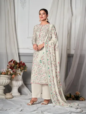 Simar Unstitched White Printed Suit Material with Dupatta