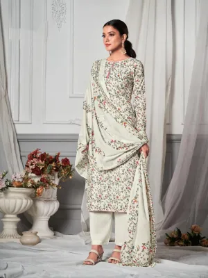 Simar Women Unstitched White Printed Cotton Suit Set