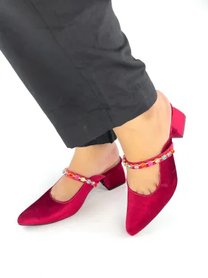 Spunkz Gemstone Straps Women Maroon Velvet Mules for Winter