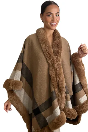 Vegan Fur Trim Checked Pattern Throwover Shawl