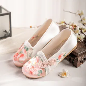 Vintage Peony Flower Embroidered Flat Shoes with Delicate Chinese Buckle