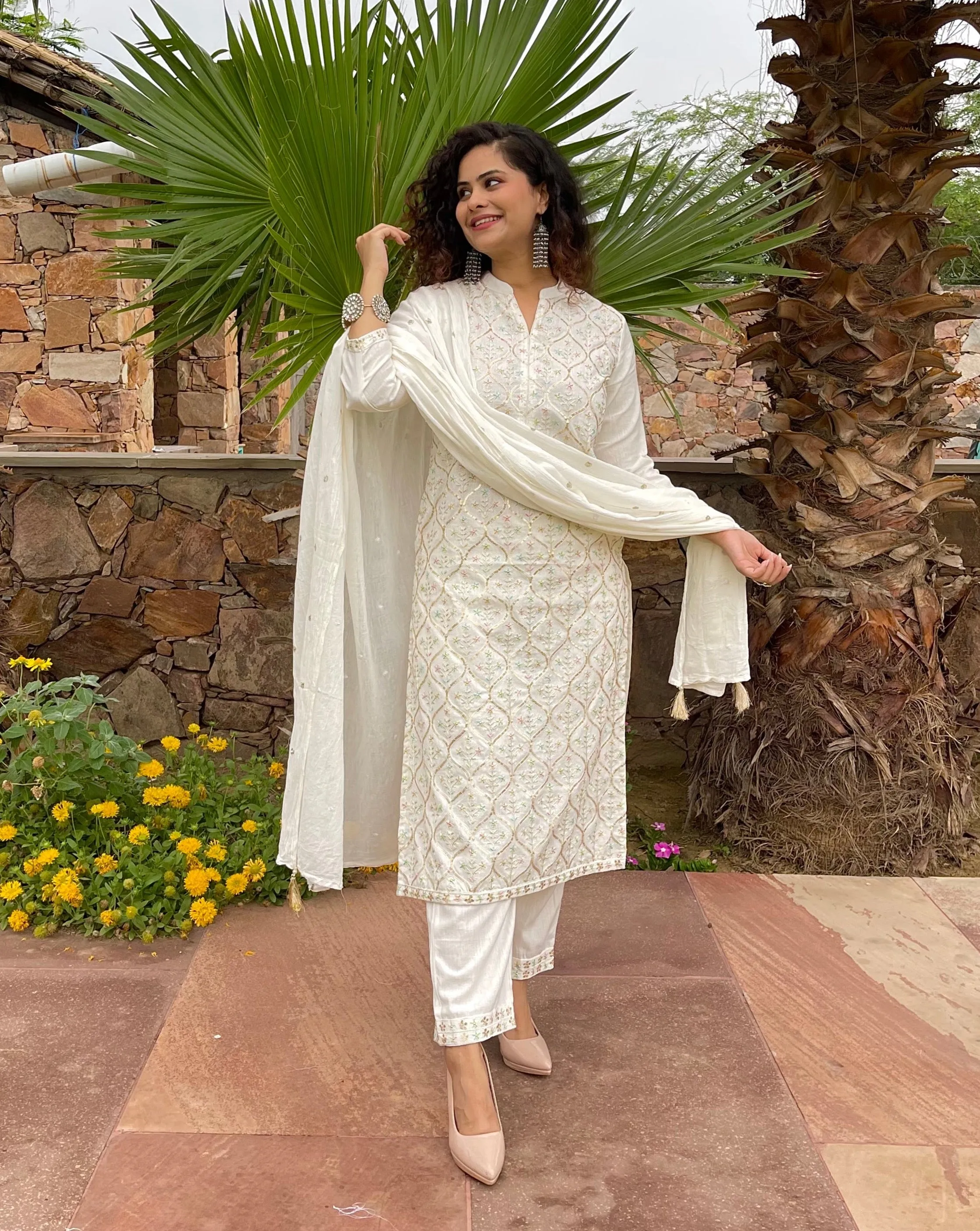 White Embroidered Dupatta Suit Set