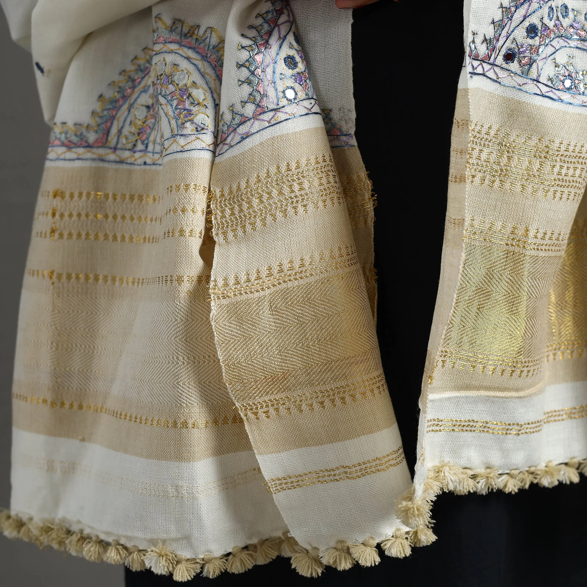 White - Kutch Neran Hand Embroidery Mirror Work Woollen Shawl 125