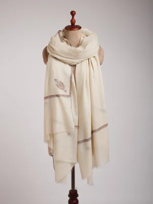 XL White Hand Embroidered Real Kashmiri Pashmina Shawl